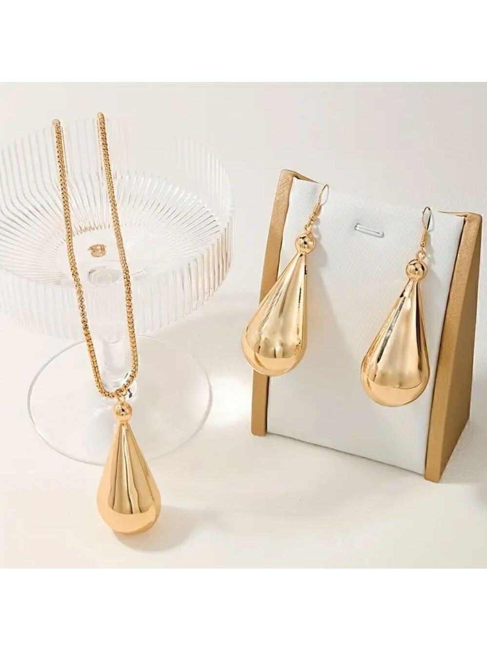 Exaggerated Earrings + Necklace Set With Giant Golden Drop Design